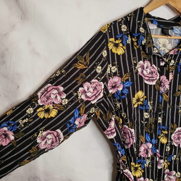 ASHLEY STEWART Black stripe floral button down long sleeve dress 18/20 - Picture 6 of 9